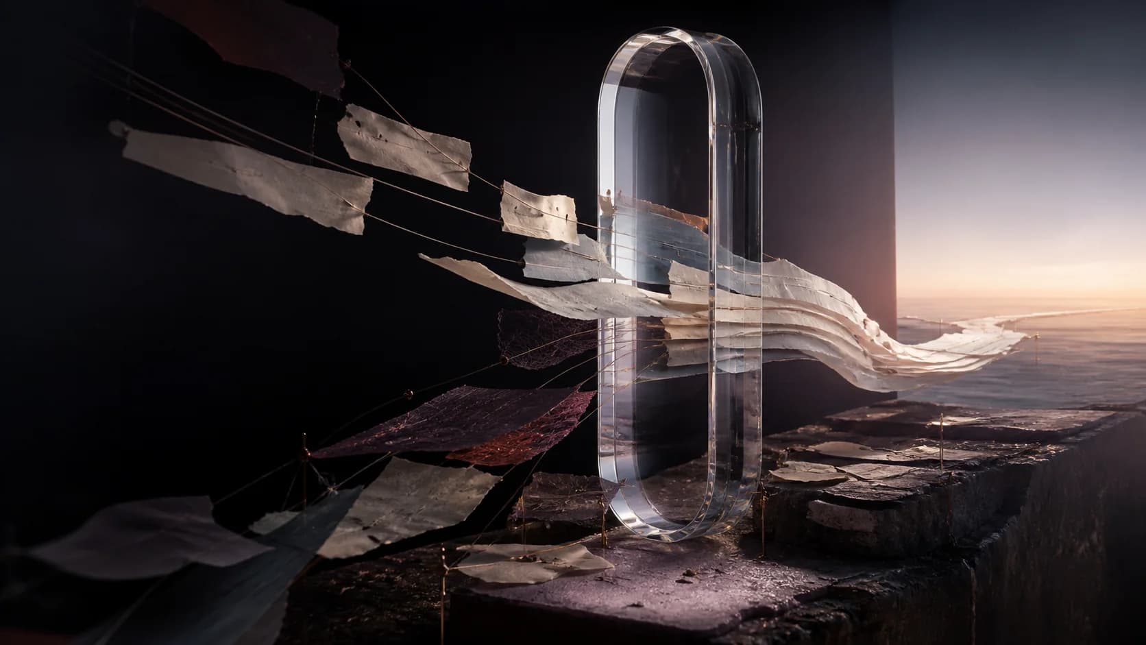 Paper fragments pass through a clear glass aperture and resolve toward first light.