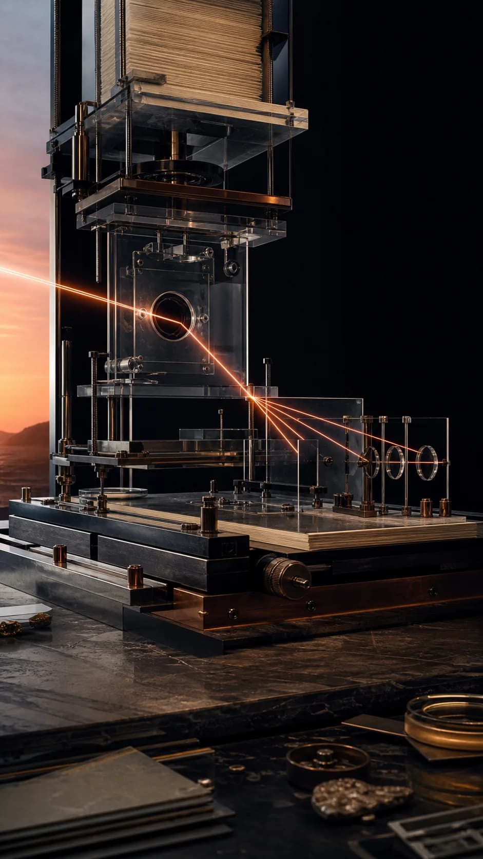 A precision optical apparatus redirects a copper beam through evidence planes.
