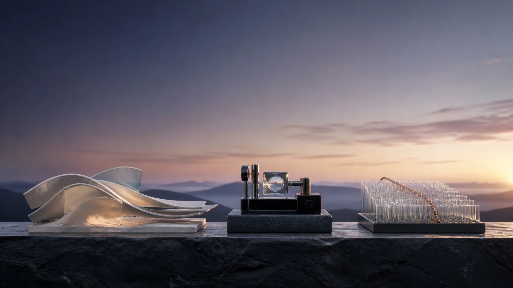 Three separate installations share a stone base at dawn: paper, an optical instrument, and biological fibers.